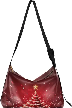 ALAZA Red Christmas Tree Women's Leather Hobo Handbag Shoulder Bag Crossbody Casual Large Tote Bag Purse