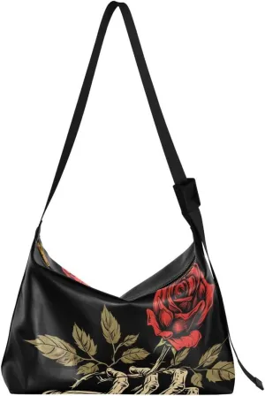 ALAZA Rose Flower Hand Black Women's Leather Hobo Handbag Shoulder Bag Crossbody Casual Large Tote Bag Purse