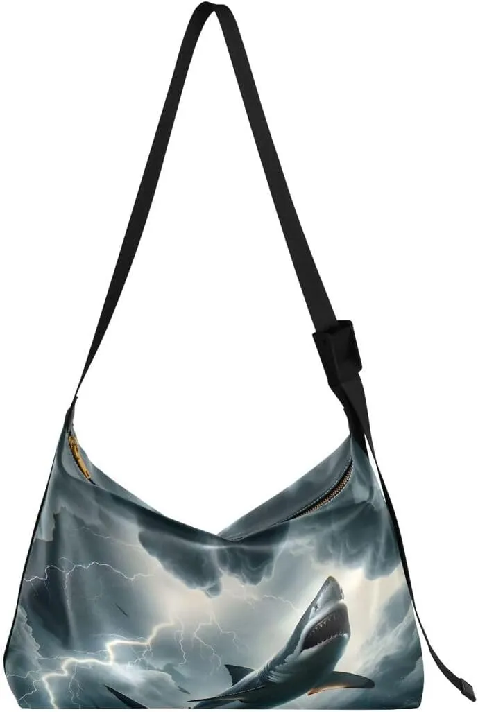 ALAZA Shark Thunderstorm Ocean Cloud Women's Leather Hobo Handbag Shoulder Bag Crossbody Casual Large Tote Bag Purse
