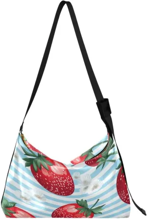 ALAZA Strawberry Blue Striped Flower Butterfly Women's Leather Hobo Handbag Shoulder Bag Crossbody Casual Large Tote Bag Purse