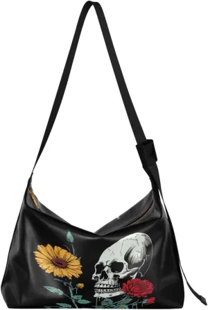 ALAZA Sugar Skull Daisy Flower Black Hand Butterfly Women's Leather Hobo Handbag Shoulder Bag Crossbody Casual Large Tote Bag Purse