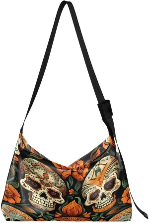 ALAZA Sugar Skull Leaves Flower Butterfly Women's Leather Hobo Handbag Shoulder Bag Crossbody Casual Large Tote Bag Purse