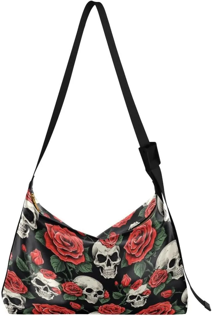 ALAZA Sugar Skull Rose Flower Black Floral Butterfly Women's Leather Hobo Handbag Shoulder Bag Crossbody Casual Large Tote Bag Purse