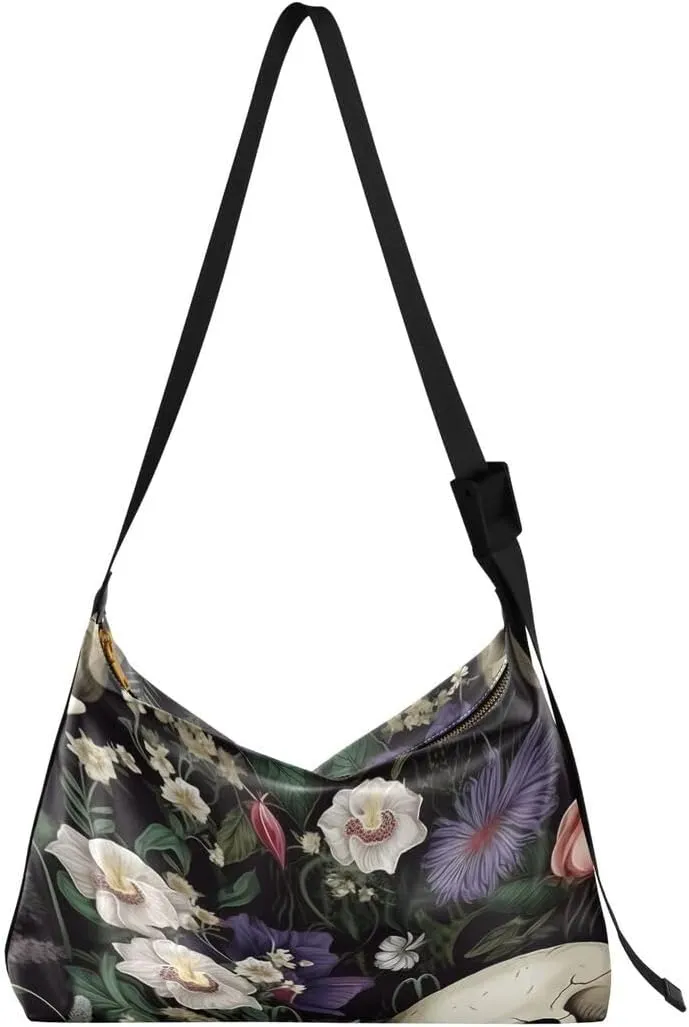 ALAZA Tropical Sugar Skull Flower Leaves Butterfly Women's Leather Hobo Handbag Shoulder Bag Crossbody Casual Large Tote Bag Purse