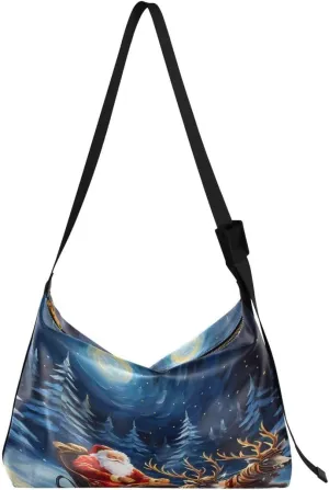 ALAZA Watercolor Santa Claus Deer Women's Leather Hobo Handbag Shoulder Bag Crossbody Casual Large Tote Bag Purse