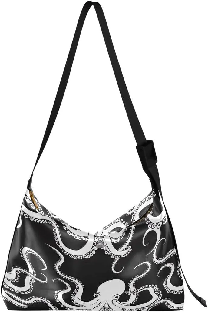 ALAZA White Octopus Black Women's Leather Hobo Handbag Shoulder Bag Crossbody Casual Large Tote Bag Purse