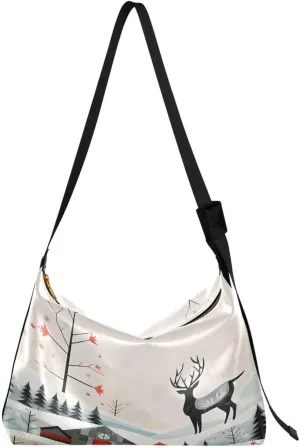 ALAZA Winter Deer Pine Tree Mountain House Xmas Women's Leather Hobo Handbag Shoulder Bag Crossbody Casual Large Tote Bag Purse