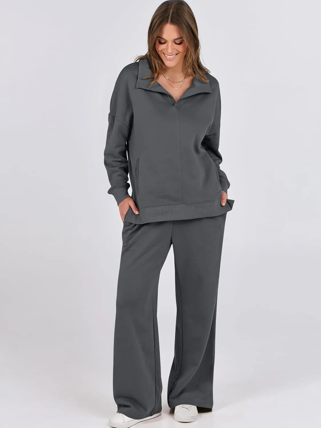 ANRABESS Women 2 Piece Outfits Lounge Sets Oversized Sweatshirt Wide Leg Pants 2025 Fall Casual Sweatsuits Travel Clothes Set