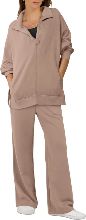 ANRABESS Women 2 Piece Outfits Lounge Sets Oversized Sweatshirt Wide Leg Pants 2025 Fall Casual Sweatsuits Travel Clothes Set