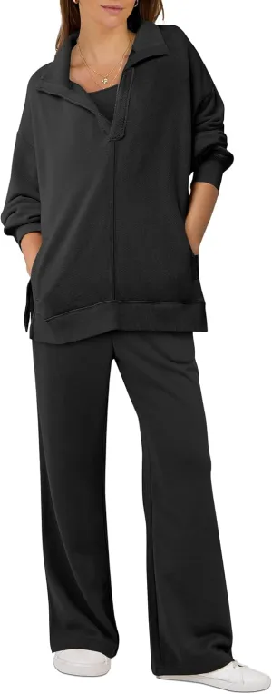 ANRABESS Women 2 Piece Outfits Lounge Sets Oversized Sweatshirt Wide Leg Pants 2025 Fall Casual Sweatsuits Travel Clothes Set