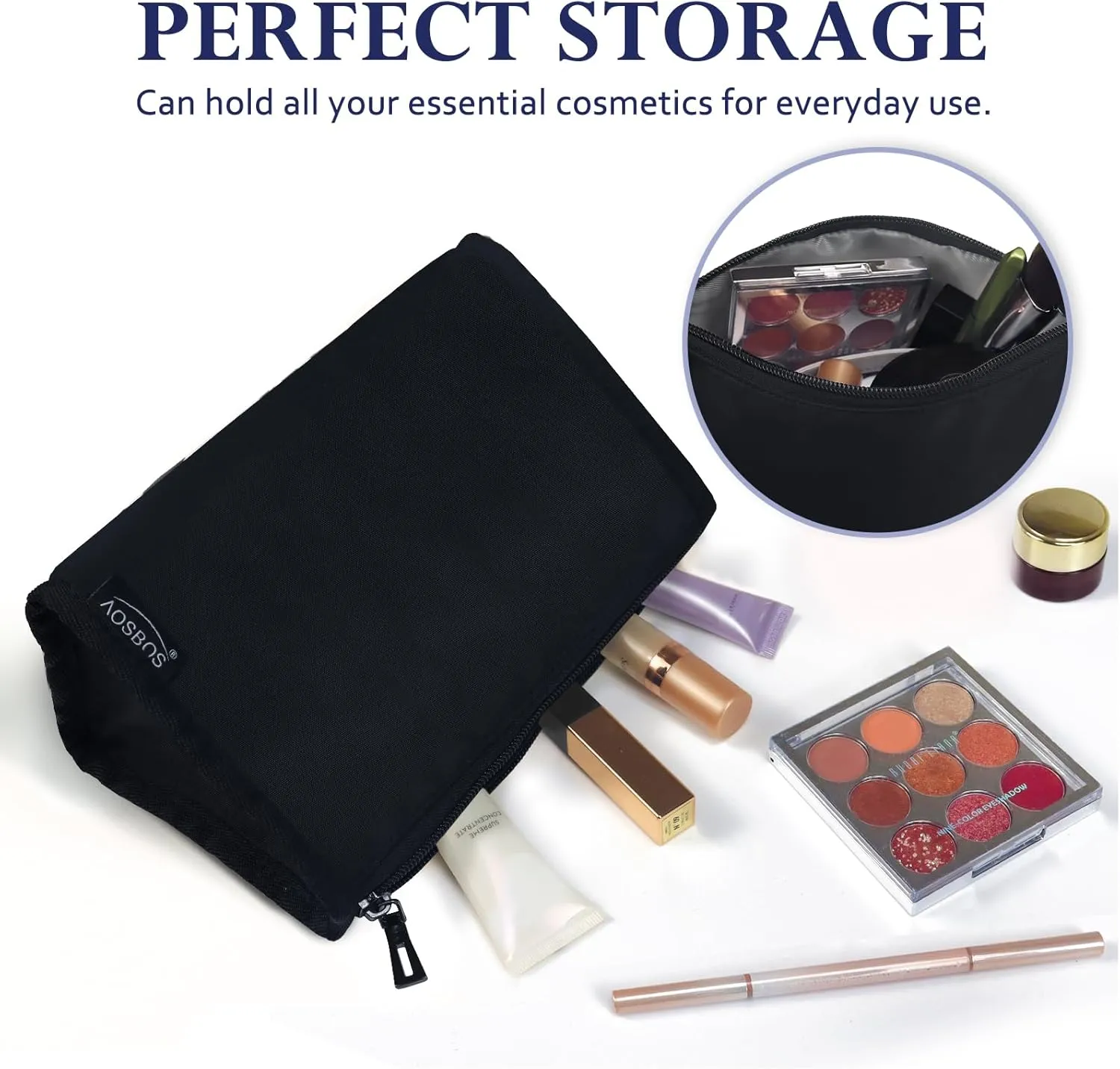 Aosbos Premium Small Makeup Bag, Compact Cosmetic Pouch, Travel-Size Make UP Case for Women, Black