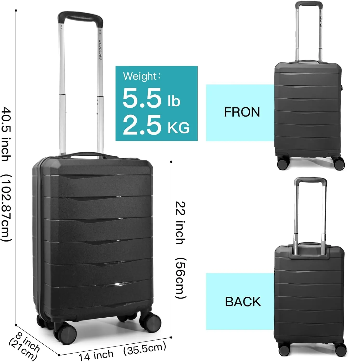 Art3d 20-Inch Lightweight Carry-On Suitcase - Durable PP Material, Compact Hardside Luggage for Travel, Fits Overhead Compartments