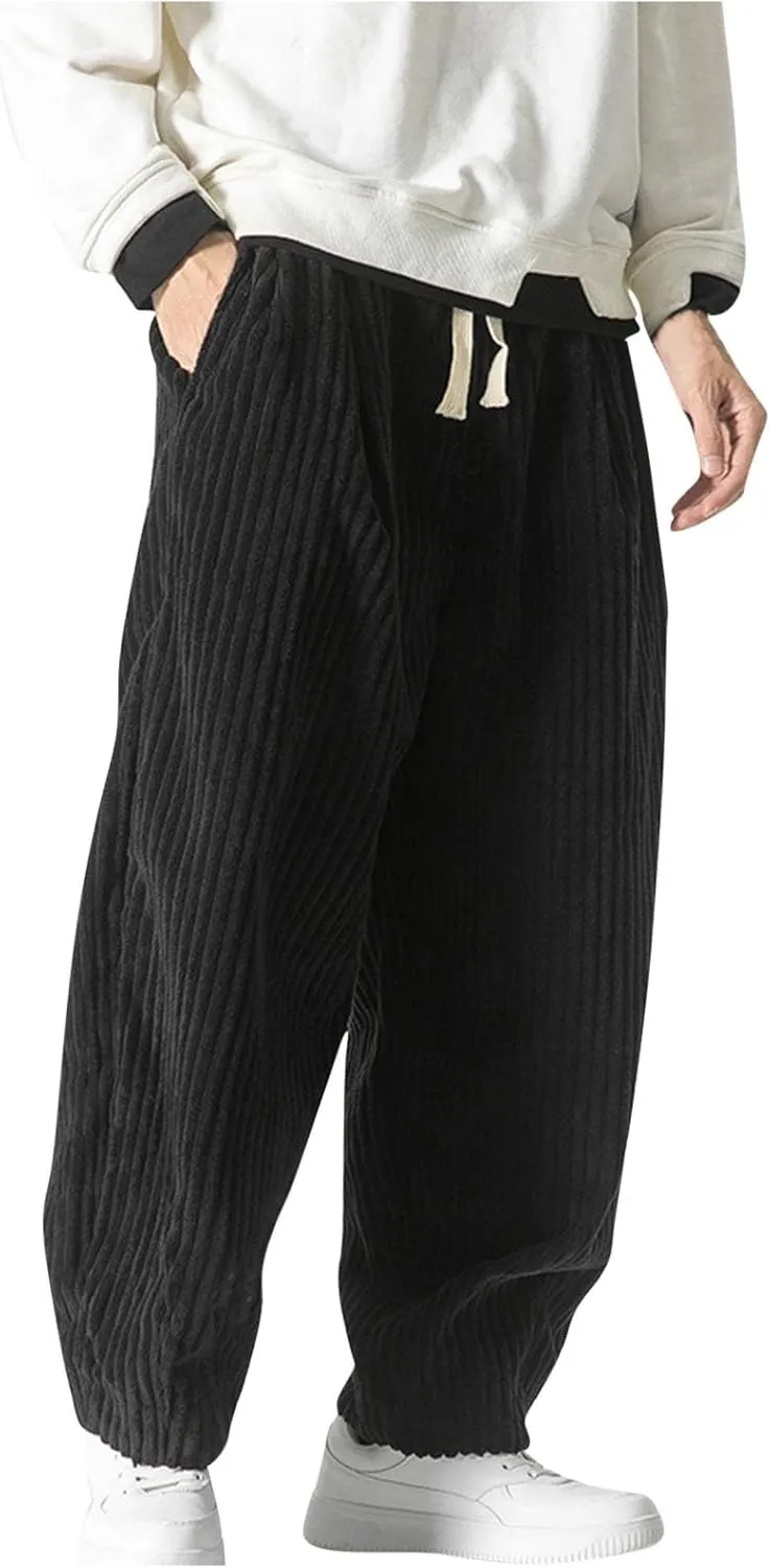 Aymnlox Men's Casual Pants Corduroy Straight Fit Baggy Pants Drawstring Stretch Waist Jogger Hiking Trousers with Pockets