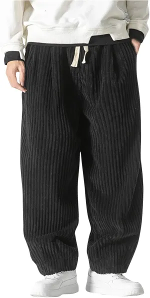 Aymnlox Men's Casual Pants Corduroy Straight Fit Baggy Pants Drawstring Stretch Waist Jogger Hiking Trousers with Pockets