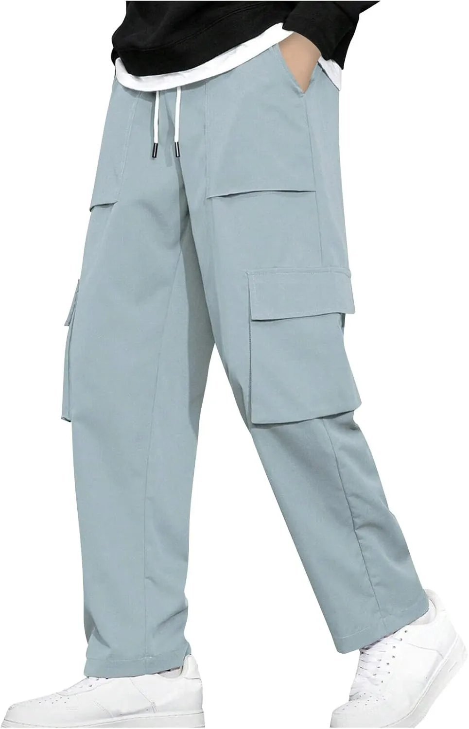 Baggy Straight Leg Cargo Pants for Men Drawstring Waist Work Pants with Pockets Spring Fashion Open Bottom Trousers
