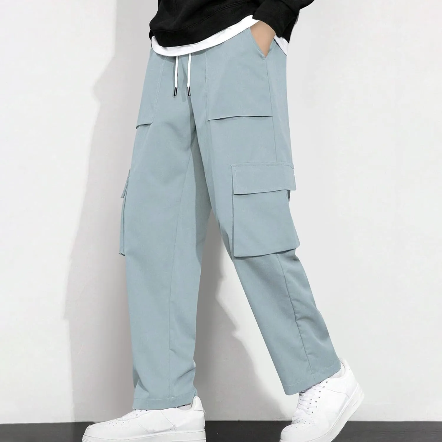 Baggy Straight Leg Cargo Pants for Men Drawstring Waist Work Pants with Pockets Spring Fashion Open Bottom Trousers