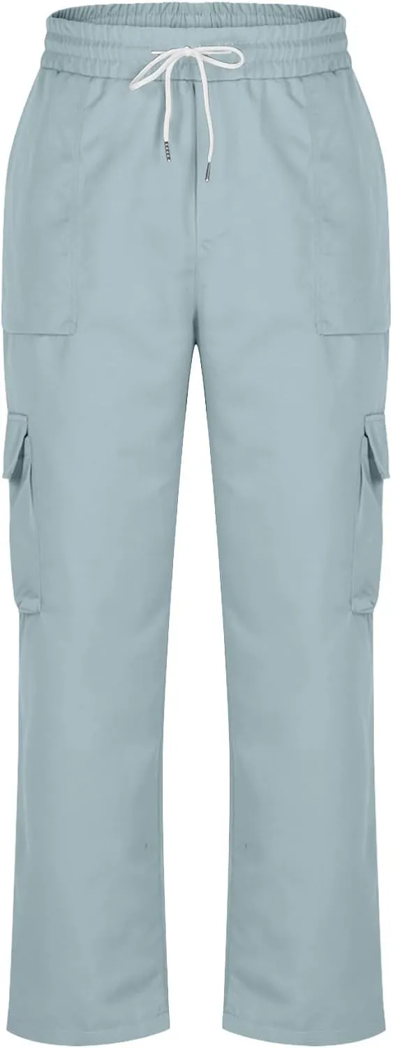 Baggy Straight Leg Cargo Pants for Men Drawstring Waist Work Pants with Pockets Spring Fashion Open Bottom Trousers