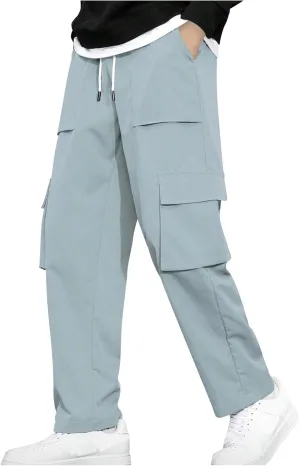 Baggy Straight Leg Cargo Pants for Men Drawstring Waist Work Pants with Pockets Spring Fashion Open Bottom Trousers