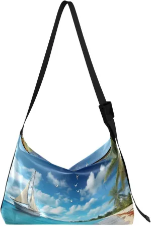 Beautiful Beach Pattern Shoulder Bag for Women Waterproof PU Leather Hobo Bags Crossbody Purse with Zipper Closure