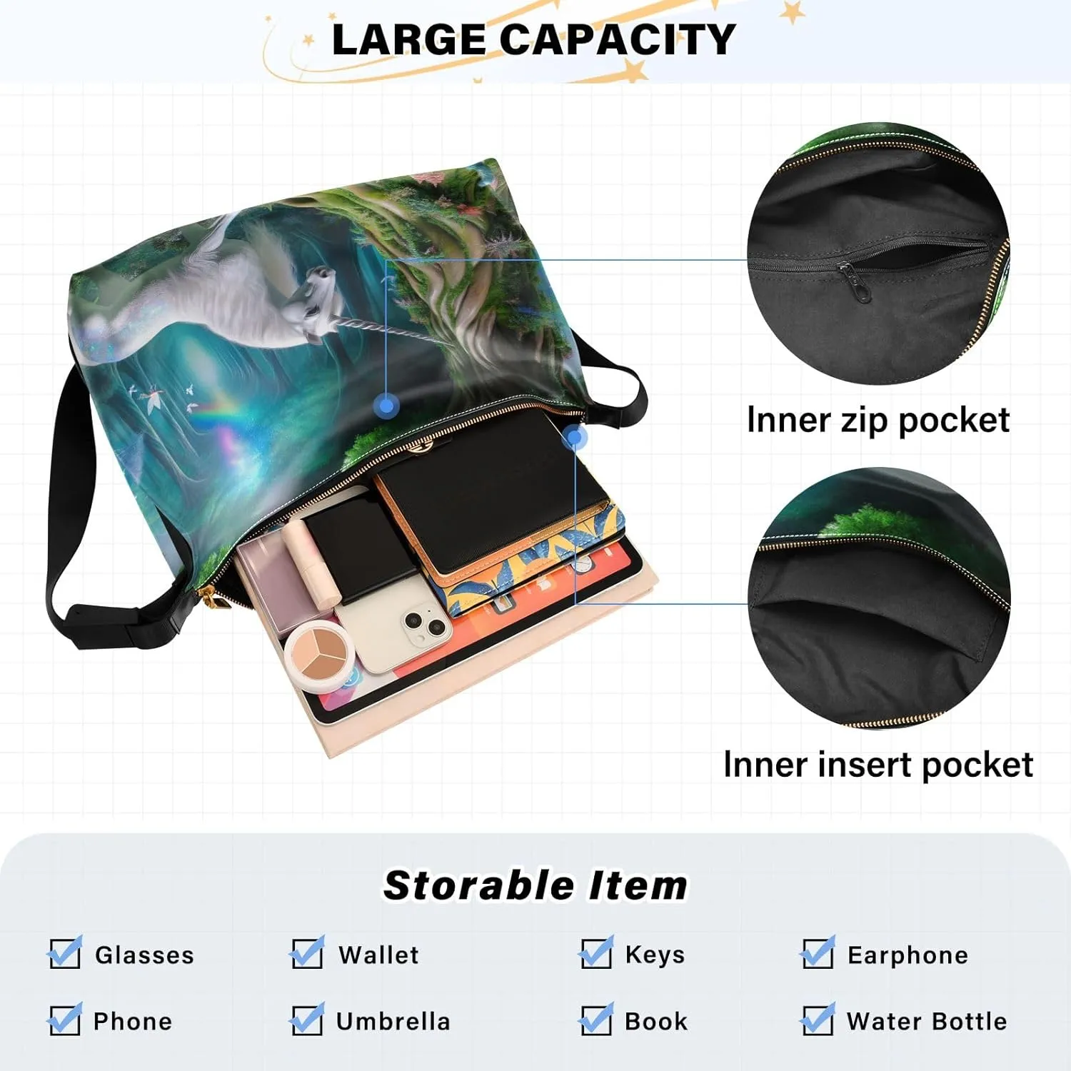 Beautiful Unicorn in Magical Forest Womens Crossbody Bag Leather, Vegan Leather Crossbody Bag, Large Crossbody Hobo Bag
