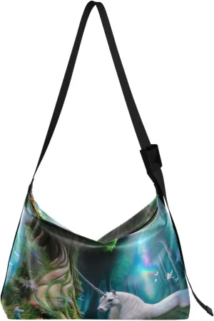 Beautiful Unicorn in Magical Forest Womens Crossbody Bag Leather, Vegan Leather Crossbody Bag, Large Crossbody Hobo Bag