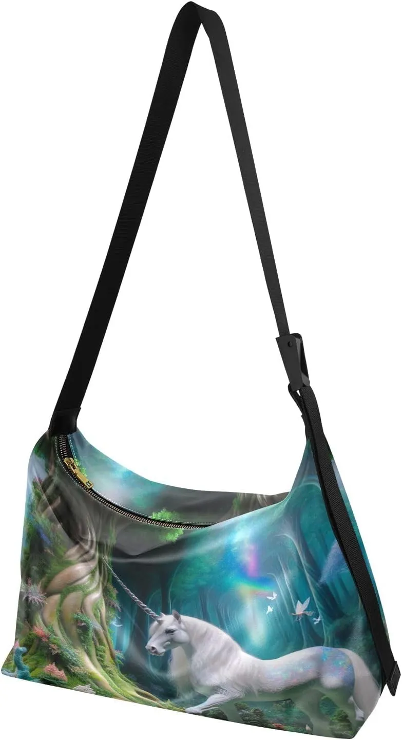 Beautiful Unicorn in Magical Forest Womens Crossbody Bag Leather, Vegan Leather Crossbody Bag, Large Crossbody Hobo Bag