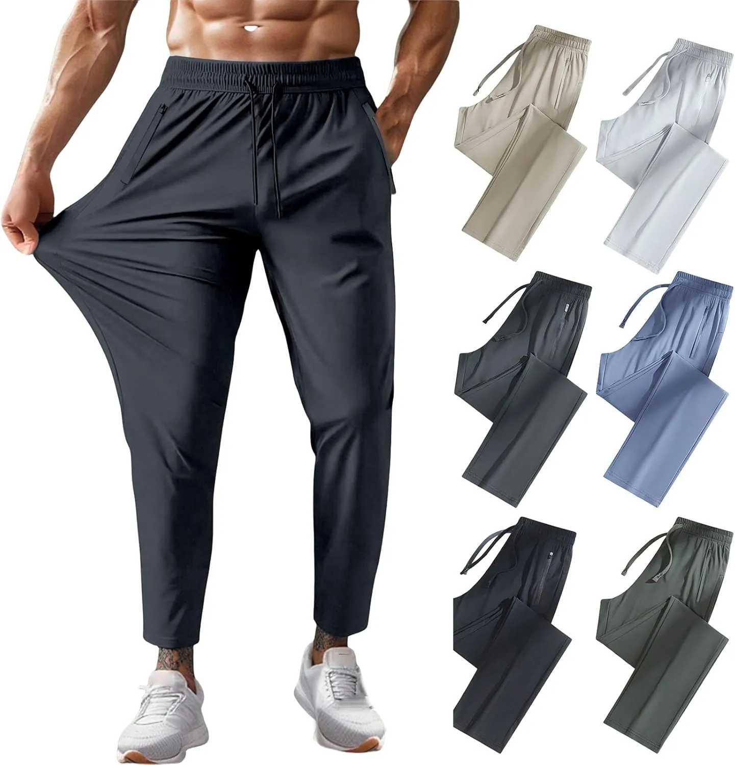 Beeswan Pants Mens Stretch Active Ice Silk Trousers Elastic Athletic Pants Drawstring Lounge Jogging Pant with Pocket