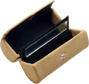 Beige Suede Travel Cosmetic Double Lipstick Case Holder with Mirror Womens Compact Makeup Bag Purse Snap Closure