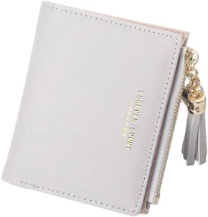 Belsmi Women's Small Compact Slim Leather Mini Wallet Lady Purse Zipper Pocket Card Organizer Bifold Wallets (Grey)