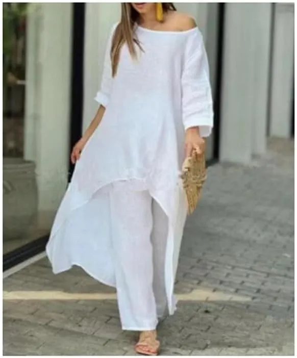 Bengbobar Womens Two Piece Set Dress Suit for Women Long Sleeve Cotton Linen Irregular Solid Crewneck Daily Wear Summer Set