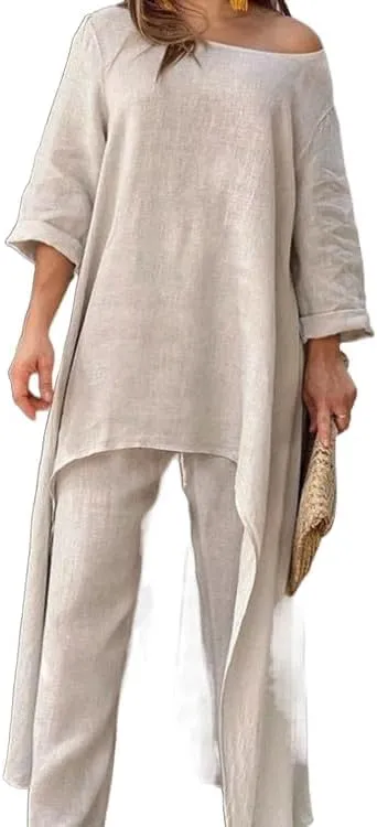 Bengbobar Womens Two Piece Set Dress Suit for Women Long Sleeve Cotton Linen Irregular Solid Crewneck Daily Wear Summer Set