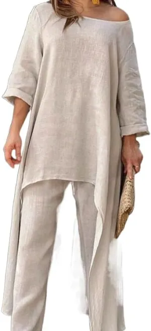 Bengbobar Womens Two Piece Set Dress Suit for Women Long Sleeve Cotton Linen Irregular Solid Crewneck Daily Wear Summer Set
