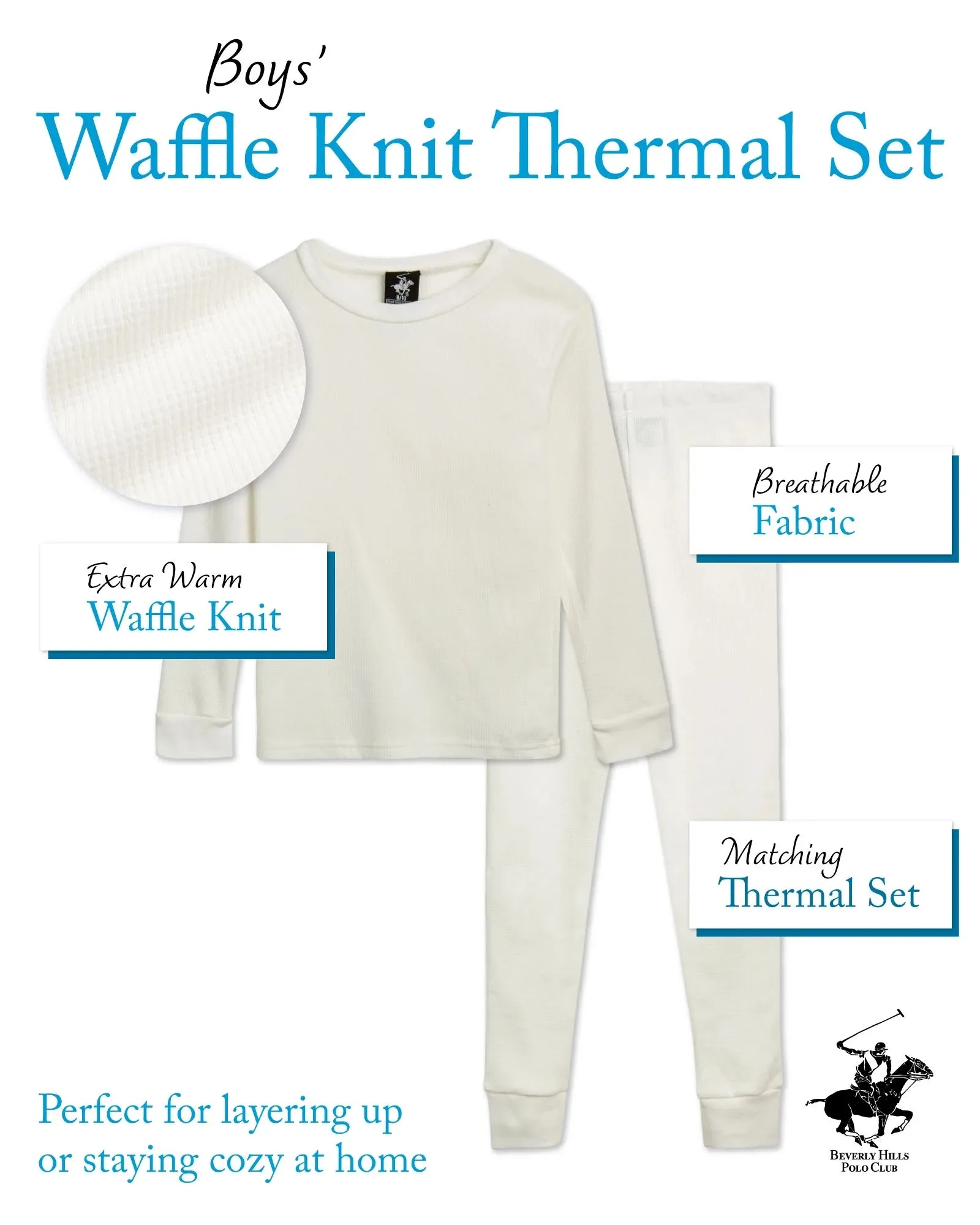 Beverly Hills Polo Club Boys' Thermal Underwear - 6 Piece Waffle Knit Top and Long Johns (2T-18)