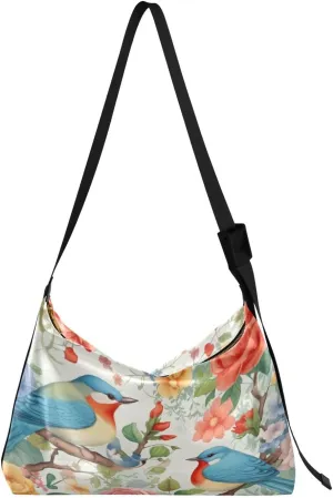 Birds and Flowers Shoulder Bag for Women Waterproof PU Leather Hobo Bags Crossbody Purse with Zipper Closure