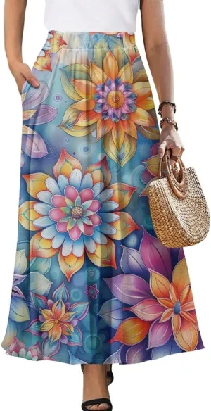 Biyejit Women's Elastic High Waist Pleated A-Line Skirts Flowy Swing Maxi Long Skirt Dress with Pockets