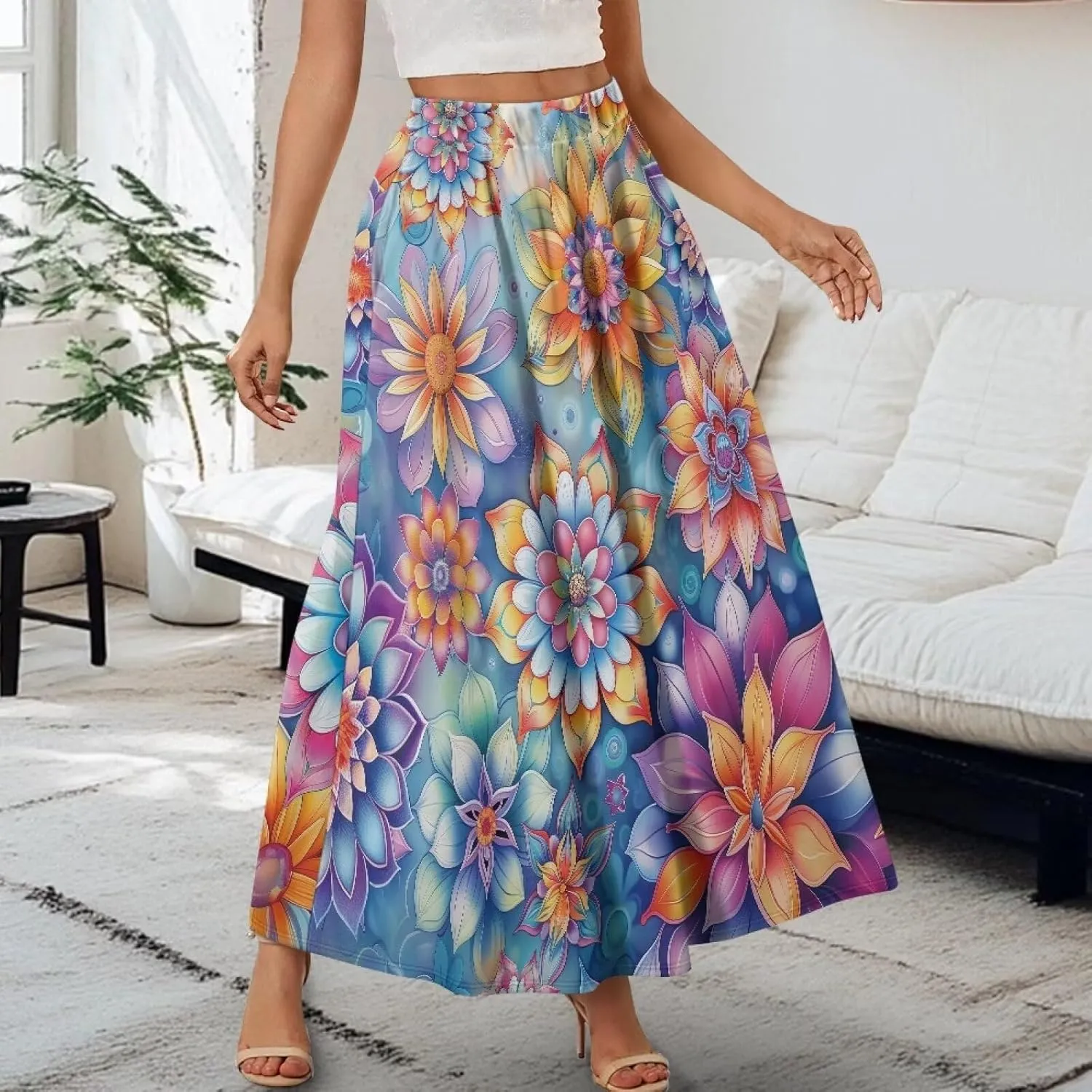 Biyejit Women's Elastic High Waist Pleated A-Line Skirts Flowy Swing Maxi Long Skirt Dress with Pockets