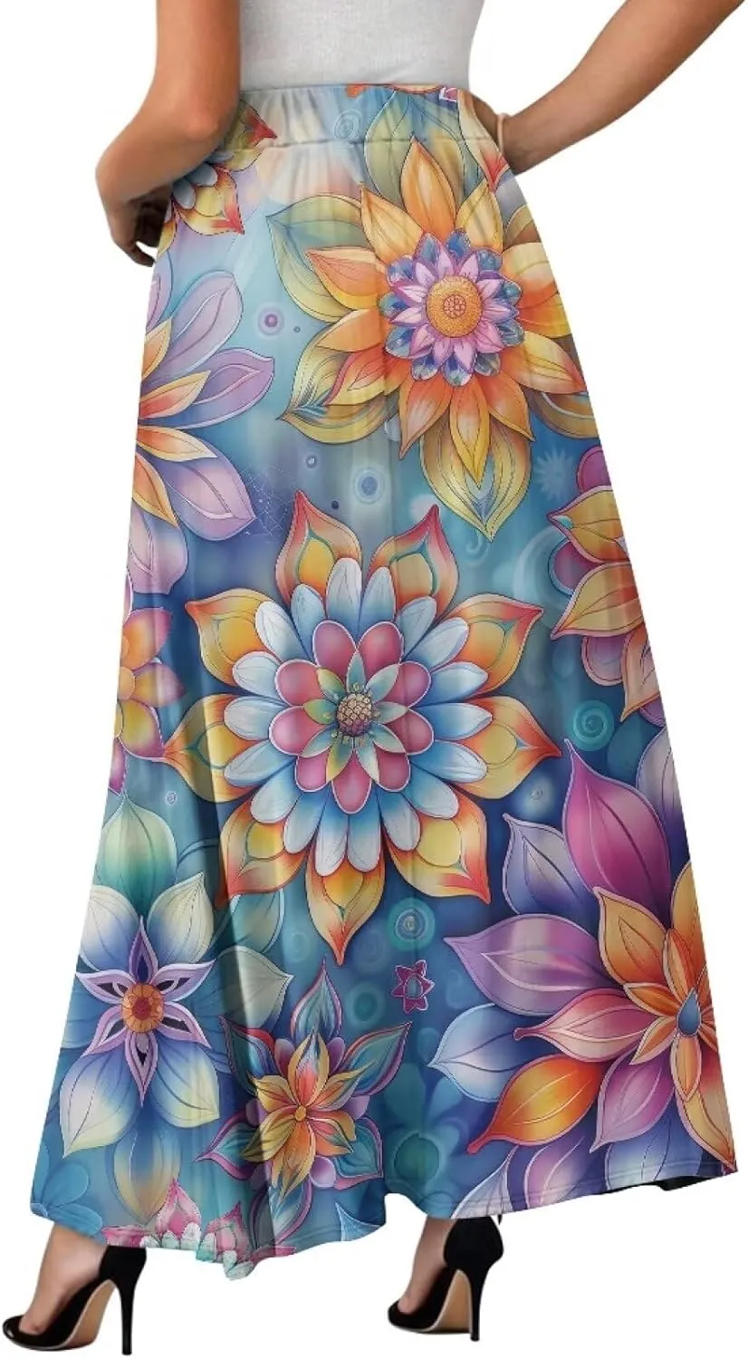 Biyejit Women's Elastic High Waist Pleated A-Line Skirts Flowy Swing Maxi Long Skirt Dress with Pockets