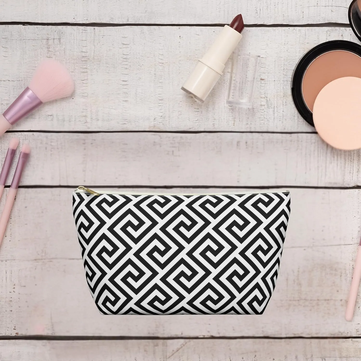 Black and White Checkered Accessory Pouch  Stylish Zippered Makeup Bag, Travel Cosmetic Bag, Pencil Case for Women & Men (Greek key design, Large)