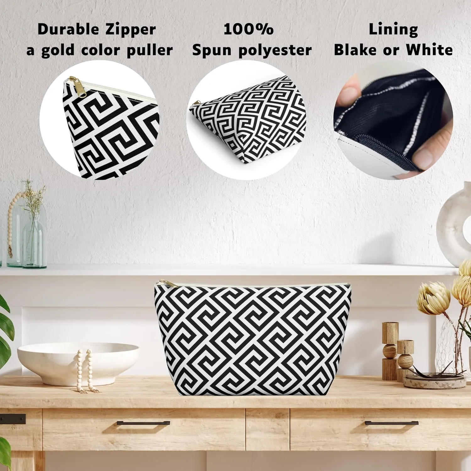Black and White Checkered Accessory Pouch  Stylish Zippered Makeup Bag, Travel Cosmetic Bag, Pencil Case for Women & Men (Greek key design, Large)