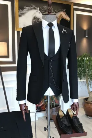 Black Peaked Lapel Formal Business Suits Slim Fit Three Pieces Prom Suits