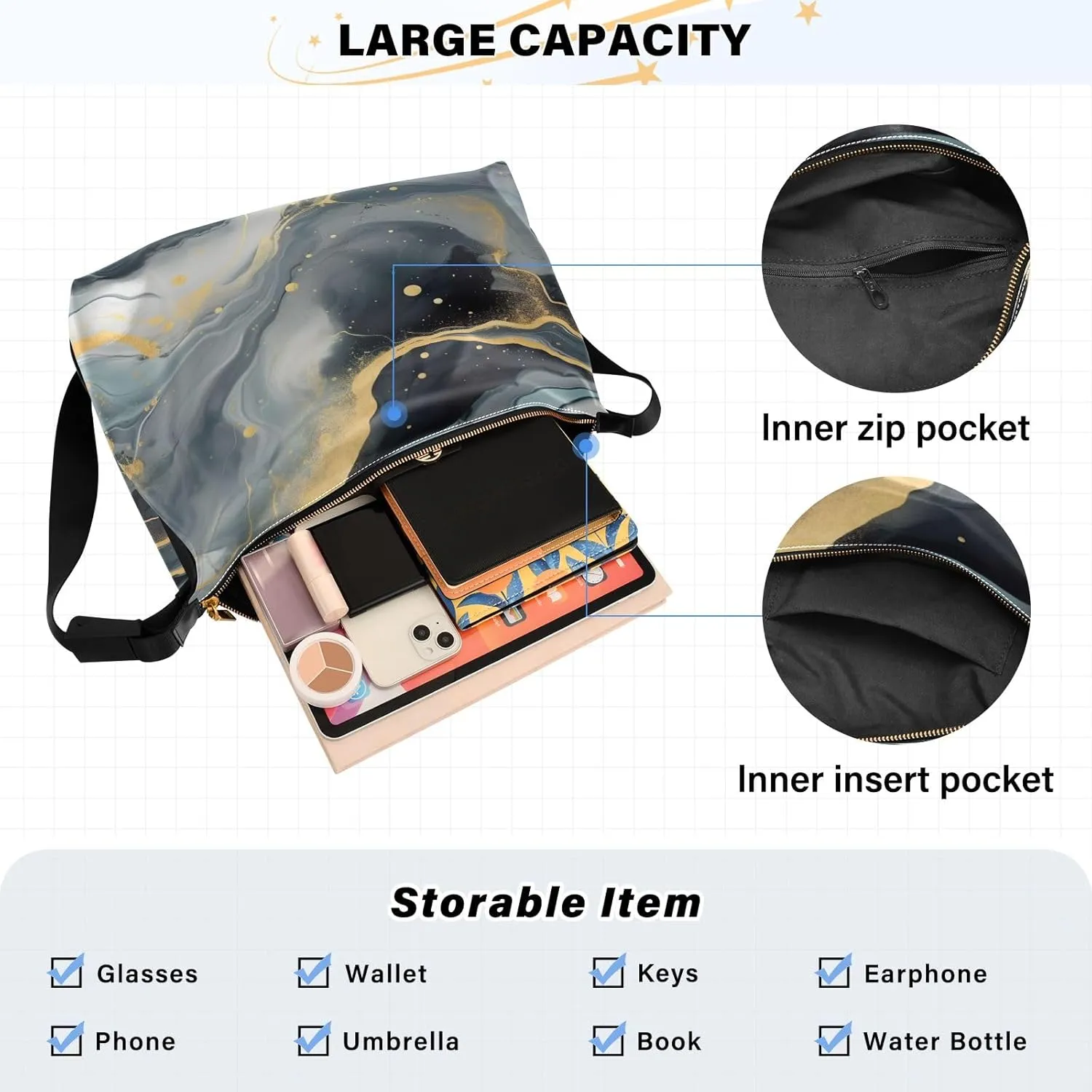 Blue Butterfly with a Starry Leather Man Sling Bag, Crossbody Large Leather Bag, Hobo Crossbody Bag