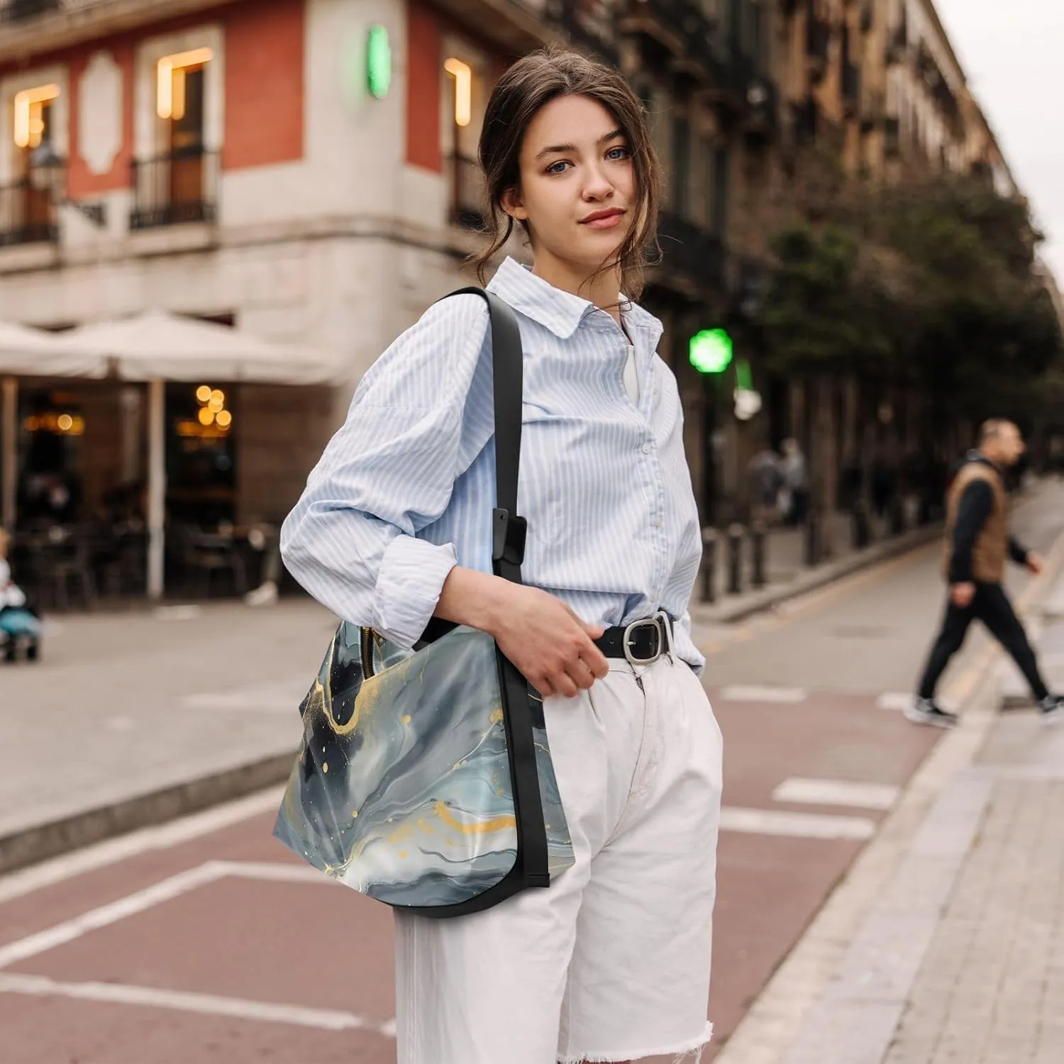 Blue Butterfly with a Starry Leather Man Sling Bag, Crossbody Large Leather Bag, Hobo Crossbody Bag