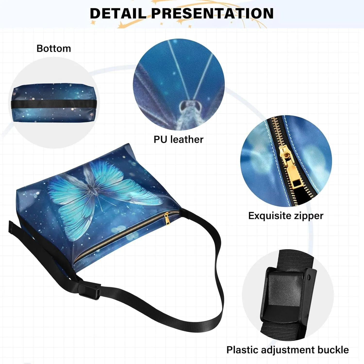 Blue Butterfly with Stars Crossbody Leather Shoulder Bag, Leather Hobo Bags for Women Large, Hobo Bag Crossbody
