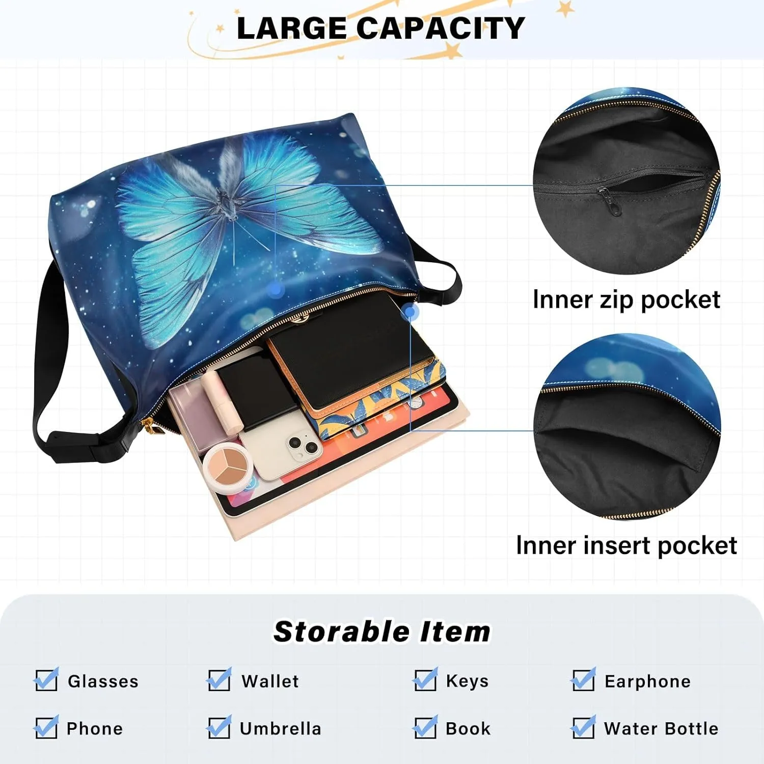 Blue Butterfly with Stars Crossbody Leather Shoulder Bag, Leather Hobo Bags for Women Large, Hobo Bag Crossbody