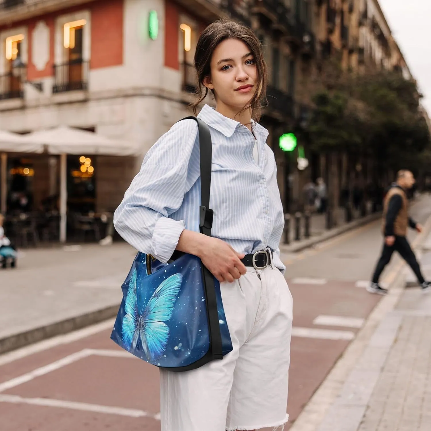 Blue Butterfly with Stars Crossbody Leather Shoulder Bag, Leather Hobo Bags for Women Large, Hobo Bag Crossbody