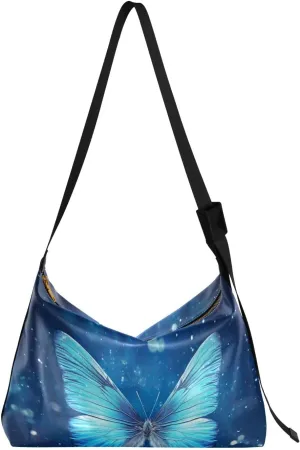 Blue Butterfly with Stars Crossbody Leather Shoulder Bag, Leather Hobo Bags for Women Large, Hobo Bag Crossbody