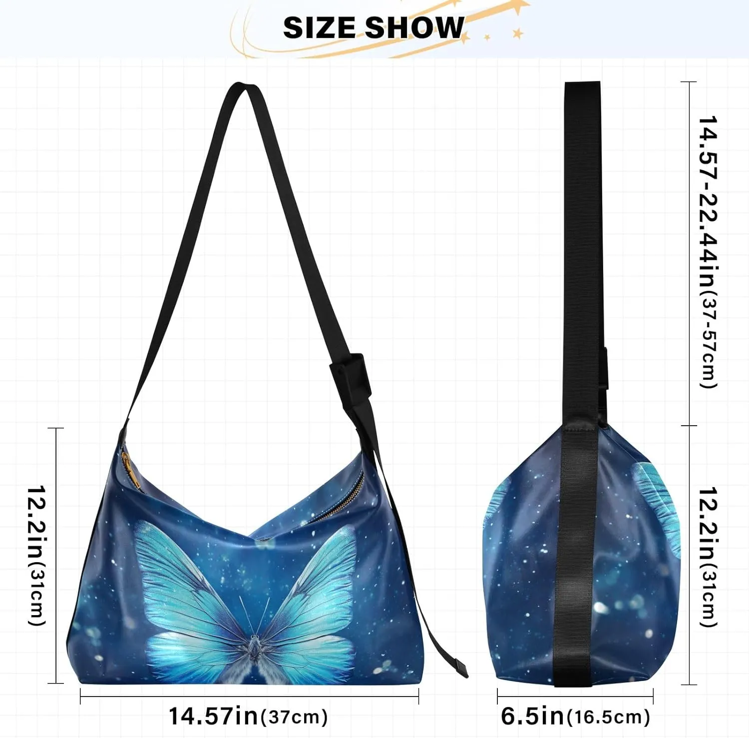 Blue Butterfly with Stars Crossbody Leather Shoulder Bag, Leather Hobo Bags for Women Large, Hobo Bag Crossbody
