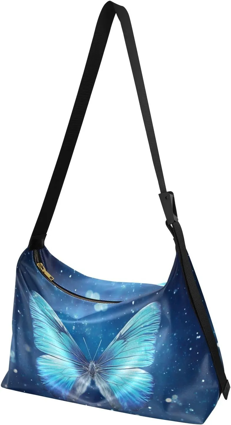 Blue Butterfly with Stars Crossbody Leather Shoulder Bag, Leather Hobo Bags for Women Large, Hobo Bag Crossbody