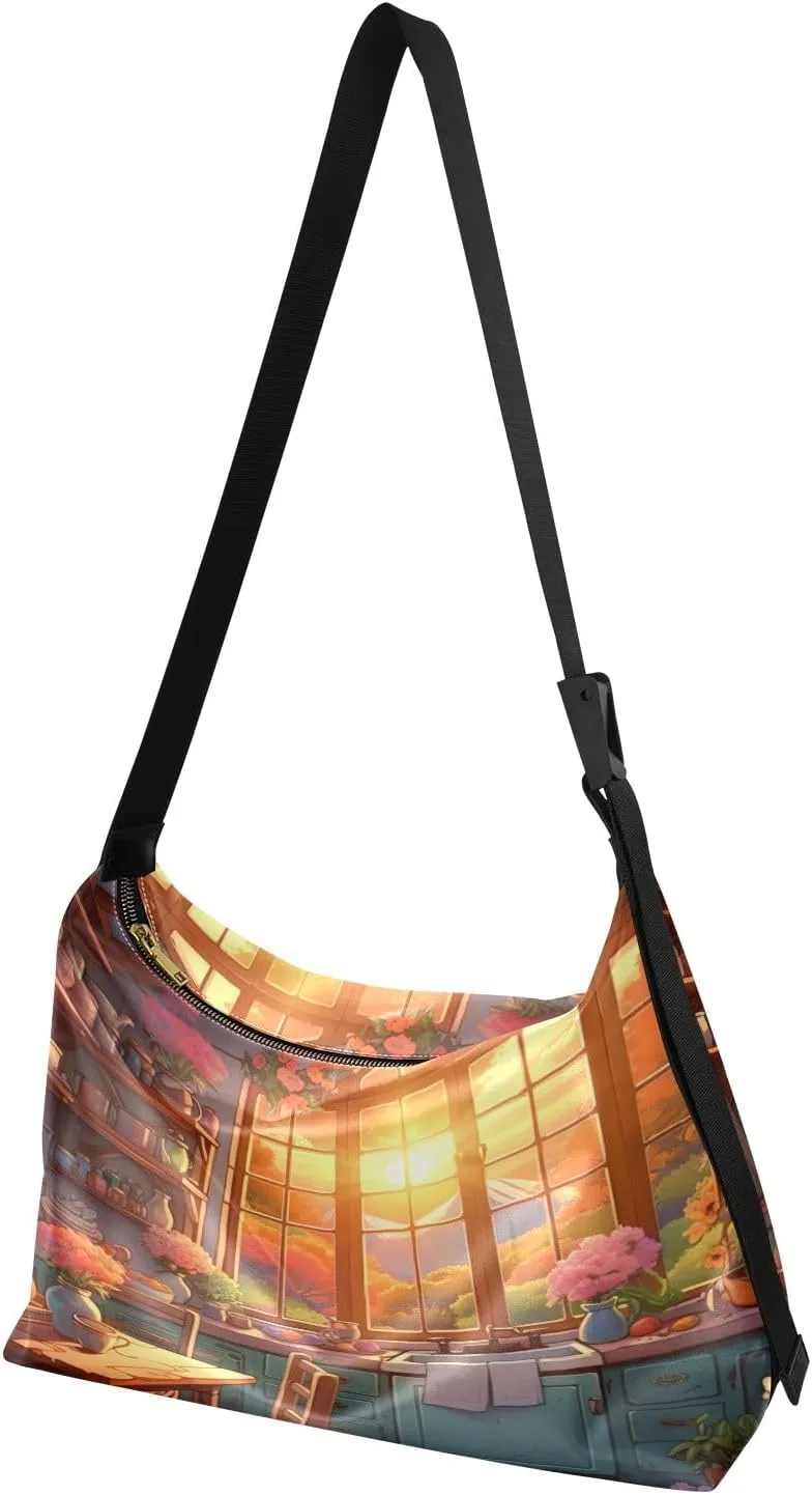 Blue Cosmos Floral with Leaves Large Leather Crossbody Bag, Mens Leather Cross Body Bag, Leather Zip Bag