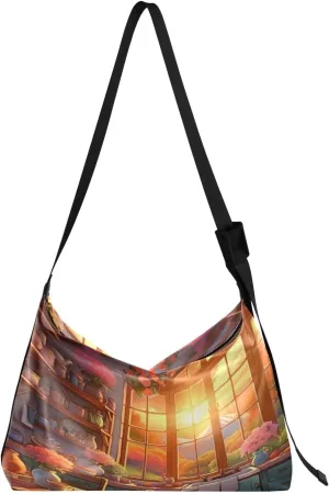 Blue Cosmos Floral with Leaves Large Leather Crossbody Bag, Mens Leather Cross Body Bag, Leather Zip Bag